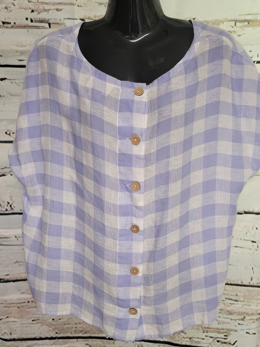 Cynthia Rowley 100% Linen Gingham Button Front Boxy Blouse Top Lavender White